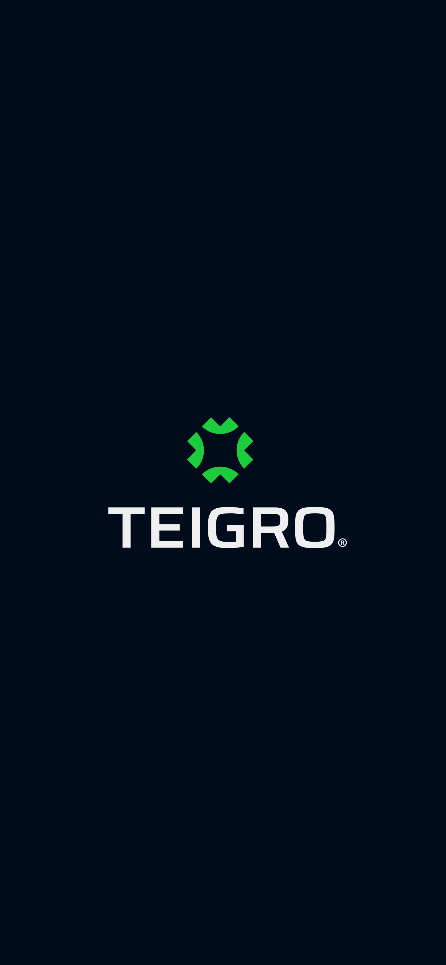 Tela de abertura do app Teigro com o logo sobre fundo azul escuro