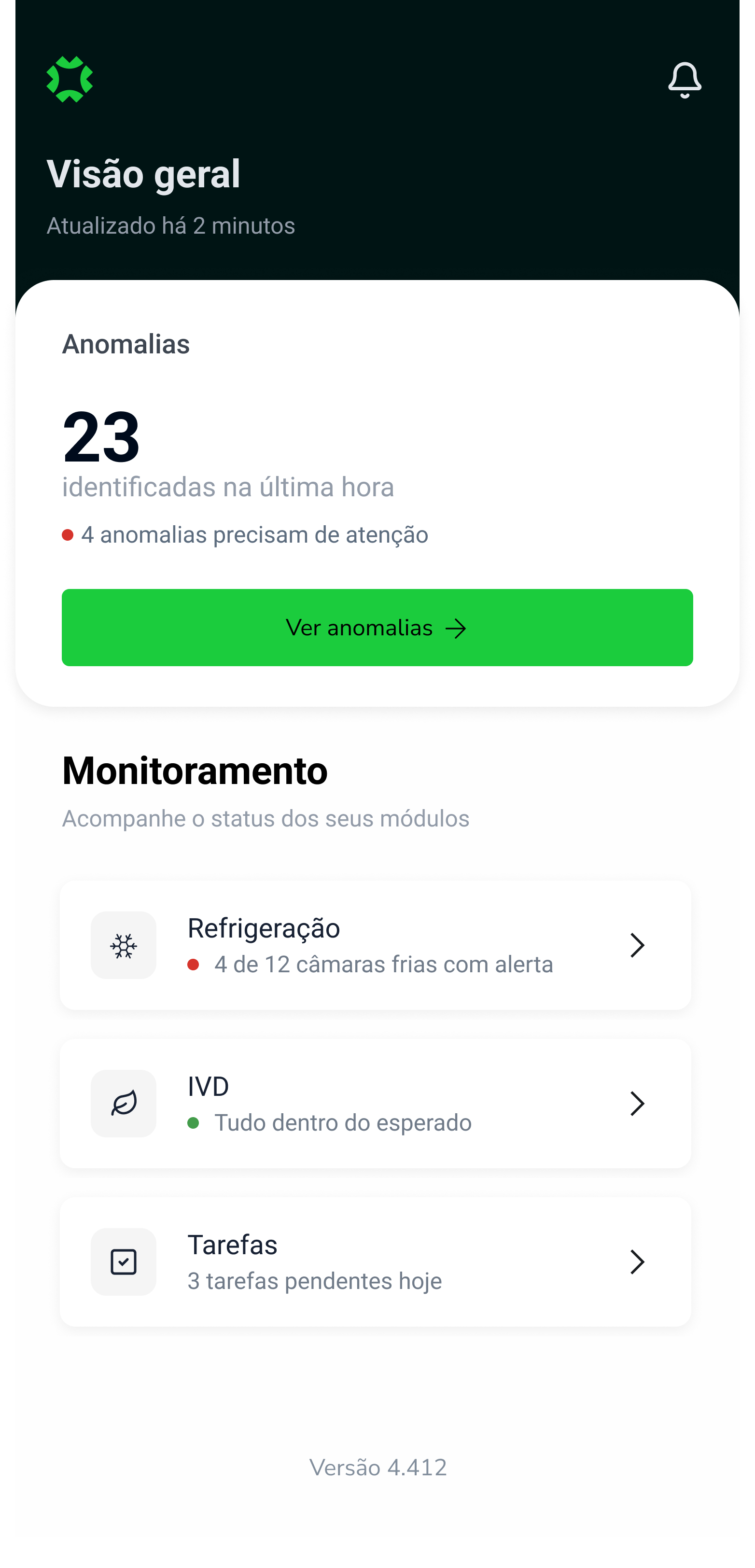 Tela inicial Visão geral com 23 anomalias na última hora, 4 que precisam de atenção, botão Ver anomalias e os módulos Refrigeração, IVD e Tarefas com status