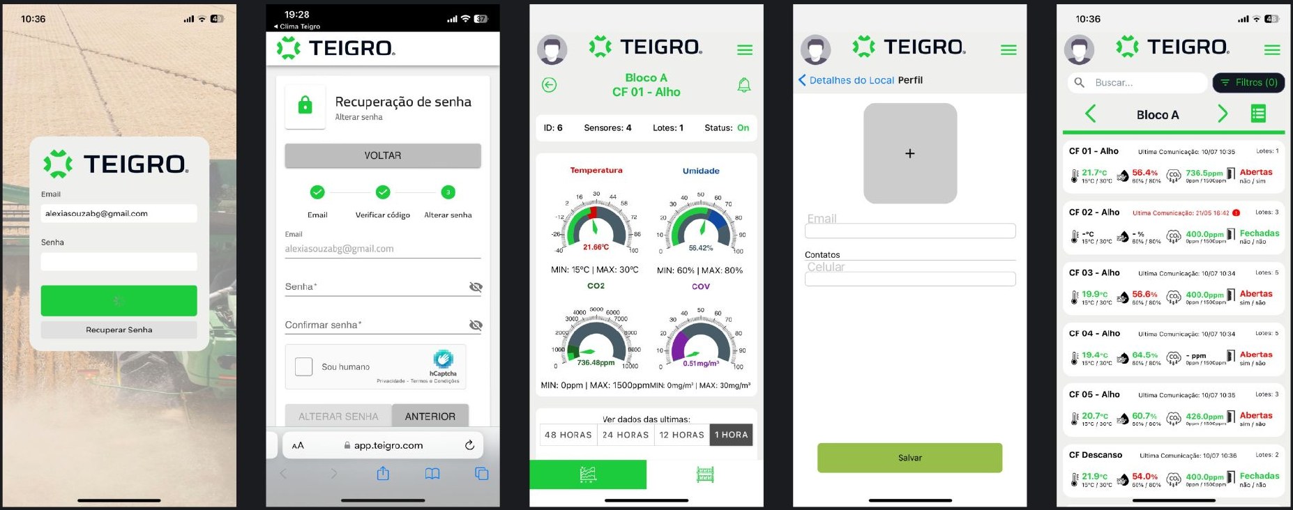 Telas do app Teigro antes do redesign: login, recuperação de senha no navegador, detalhe de sensores, perfil e lista de câmaras frias